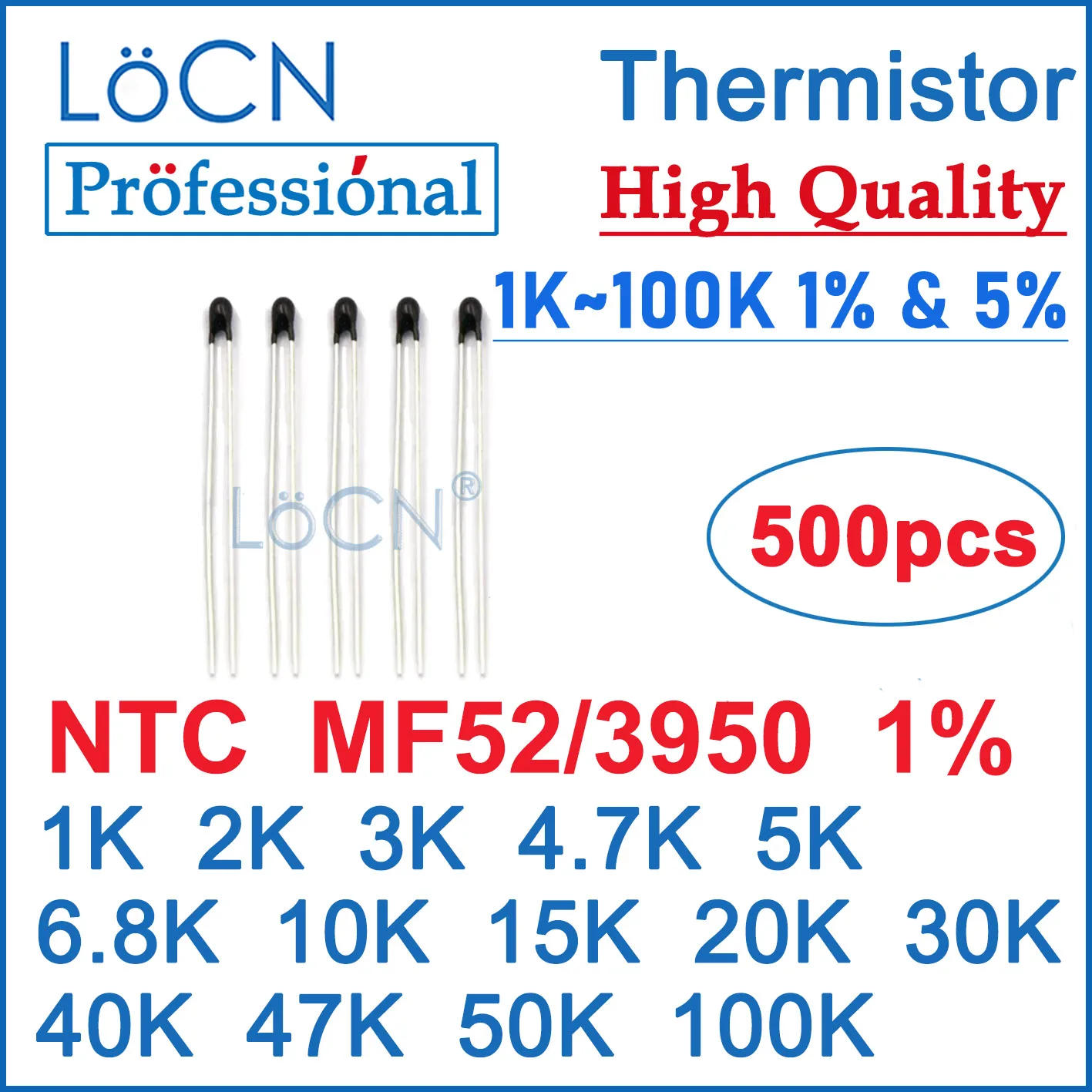 

500PCS NTC MF52AT Thermistor Resistor 1% 3950 MF52 1K 2K 3K 4.7K 5K 6.8K 10K 15K 20K 30K 40K 47K 50K 100K Ohm High Quality