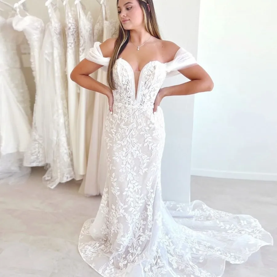 Shinning Sequins Tulle Off the Shoulder Boho Mermaid Wedding Gowns for Bride Unique Appliques Court Train Bridal Dresses
Shinning Sequins Tulle Off the Shoulder Boho Mermaid Wedding Gowns for Bride Unique Appliques Court Train Bridal Dresses