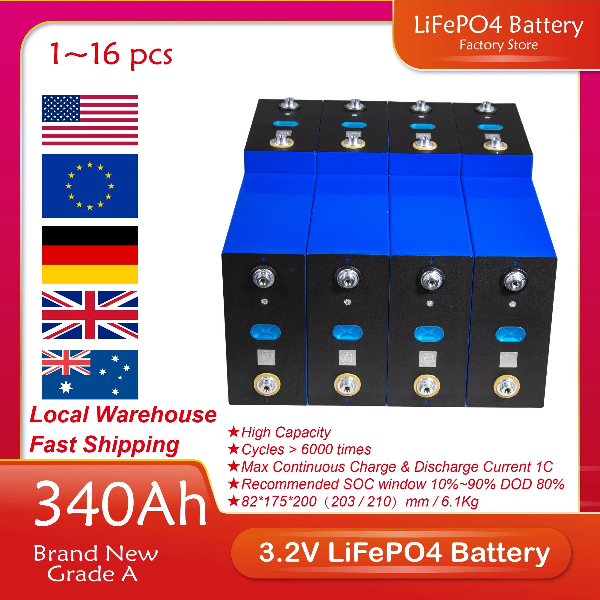 4/8/16/32/48PCS LiFePO4 Battery 340Ah 3.2V Deep Cycle Rechargeable Batteri Pack Solar Energy System for 12V 24V 48V RV Golf Cart
4/8/16/32/48PCS LiFePO4 Battery 340Ah 3.2V Deep Cycle Rechargeable Batteri Pack Solar Energy System for 12V 24V 48V RV Golf Cart