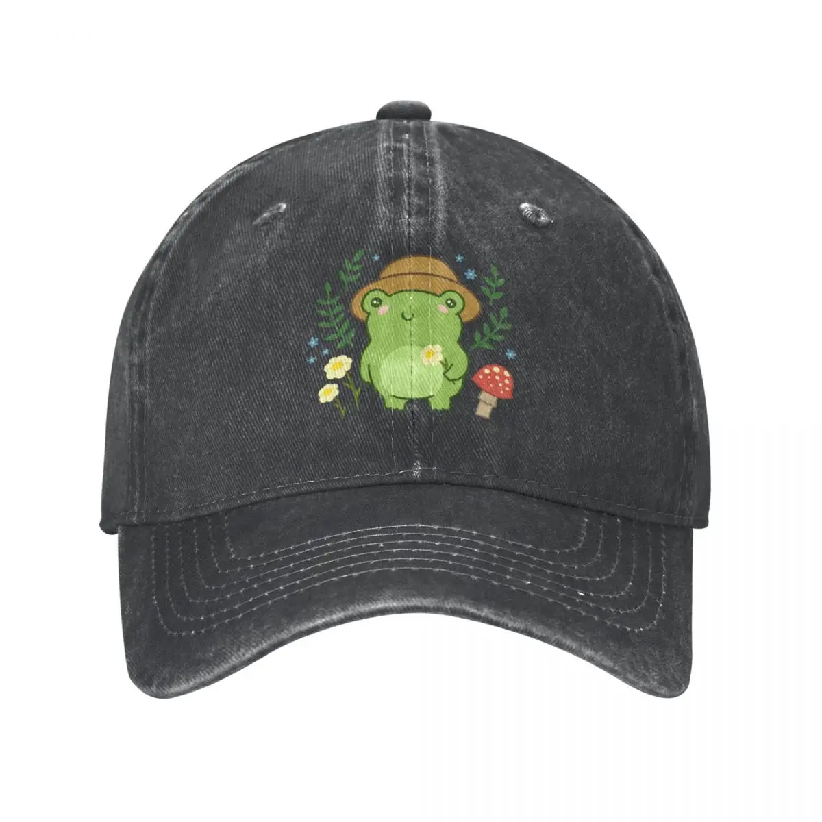 

Cute Green Frog with Gardener Hat-Mushroom Flower Blossoms Plants Kawaii Aesthetic-Funny Cottagecore Froggy Bucket Cowboy Hat