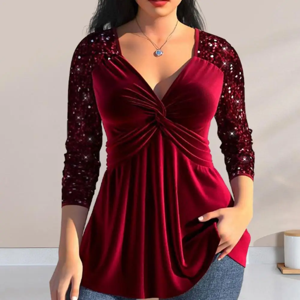 

Pleated Waists Blouses Elegant V-neck Sequin Blouse for Women Long Sleeve Party Tops with Knot Design Loose Hem for Spring