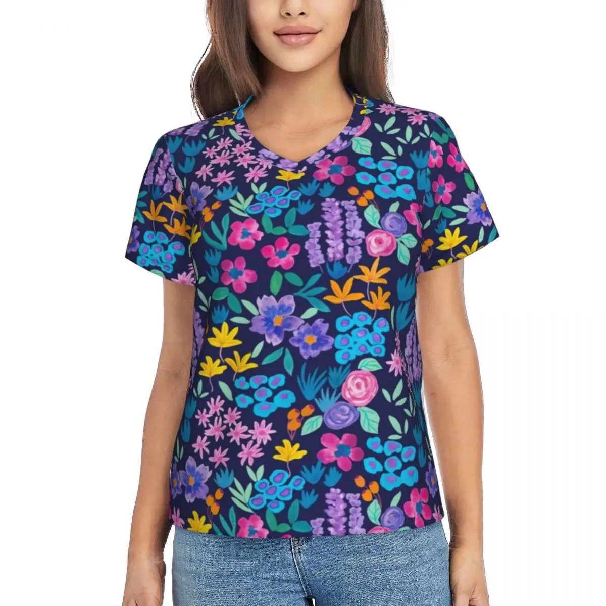 Футболка женская с яркими цветами, винтажная Простая рубашка с ярким цветочным принтом, с V-образным вырезом и коротким рукавом, пикантный Топ с узором 
Футболка женская с яркими цветами, винтажная Простая рубашка с ярким цветочным принтом, с V-образным вырезом и коротким рукавом, пикантный Топ с узором
