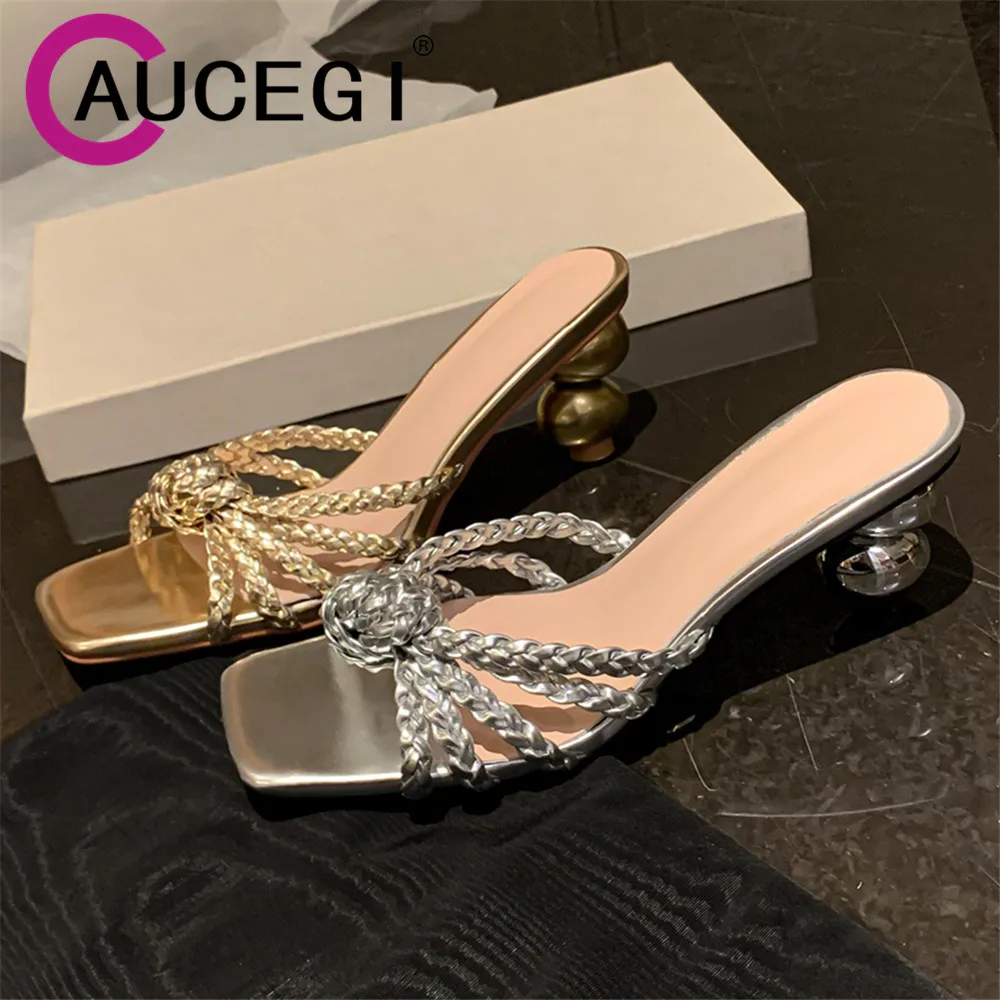 

Aucegi New Designer Summer Novelty Slipper Sandals Women Strange Style Round High Heels Fashion Square Toe Dress Banquet Shoes