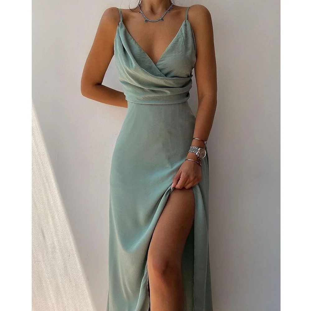 

2022 Summer Party Women Ruched Split Thigh Cami Maxi Dress Elegant Femme V Neck Spaghetti Strap Sexy Long Evening Party Dresses