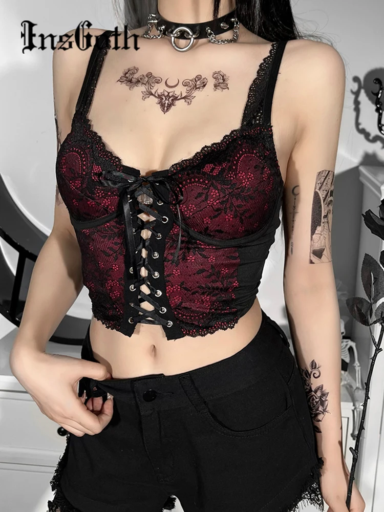 

InsGoth Sexy Bandge Black Lace Camis Women Gothic Spaghetti Strap Backless Bodycon Crop Tank Vintage E Girl Summer Camisoles