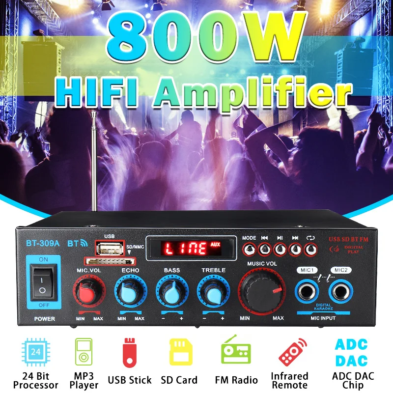 BT309 800W Power Amplifier 220V 12V bluetooth Amplifier HIFI Digital Subwoofer FM USB SD Home Theater Amplifiers Audio Processor
BT309 800W Power Amplifier 220V 12V bluetooth Amplifier HIFI Digital Subwoofer FM USB SD Home Theater Amplifiers Audio Processor