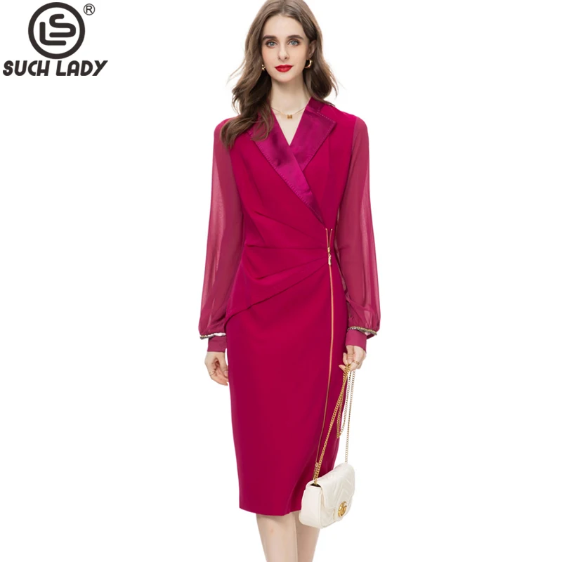 

Women's Runway Dresses Notched Collar Long Sleeves Split Patchwork Sexy Keyhole Elegant Fashion Pencil Vestidos