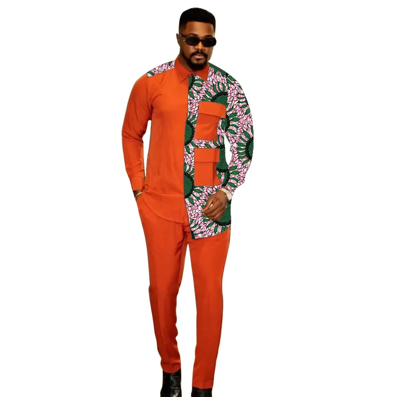 

Светильник оранжевые мужские комплекты асимметричный дизайн Лоскутная рубашка + однотонные брюки Африканские свадебные костюмы для жениха