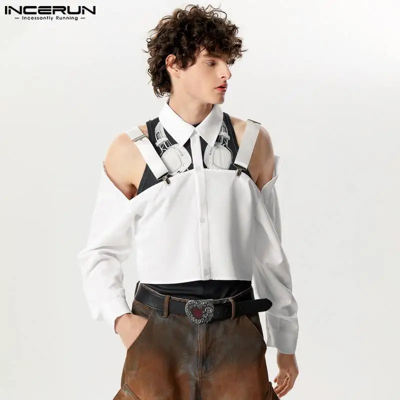 

Рубашка INCERUN Мужская однотонная, короткий топ с отложным воротником и длинным рукавом, на пуговицах, пикантная уличная одежда, модная Повседневная блуза