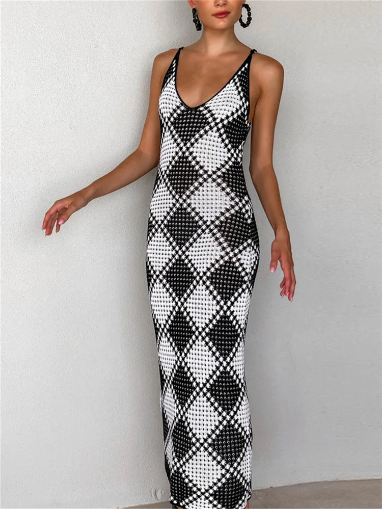 Women's Summer New Sleeveless V-Neck Sexy Suspender Knitted Plaid Long Dress Simple Fashion 2023 Knitted kirt Street Style
Women's Summer New Sleeveless V-Neck Sexy Suspender Knitted Plaid Long Dress Simple Fashion 2023 Knitted kirt Street Style