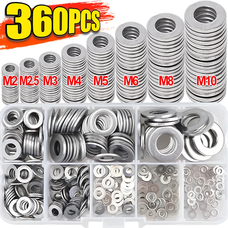 360/180Pcs Flat Washers Stainless Steel Hardware Metal Washers Assortment Kit Flat Gasket Ring Plain M2 M2.5 M3 M4 M5 M6 M8 M10
360/180Pcs Flat Washers Stainless Steel Hardware Metal Washers Assortment Kit Flat Gasket Ring Plain M2 M2.5 M3 M4 M5 M6 M8 M10