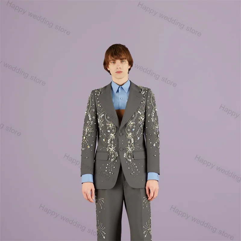 

Crystals Groom Men Pant Suit Set (Jacket+Trousers) Wedding Tuxedos 2 Pieces Luxury Prom Coat Bridegroom Tailored Made Outfit