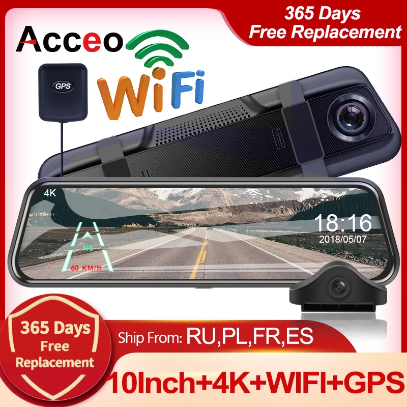 

ACCEO 4K Mirror Camera For Car Touch Screen Video Recorder Rearview Mirror Dash Cam Front and Rear Camera Mirror DVR Black Box