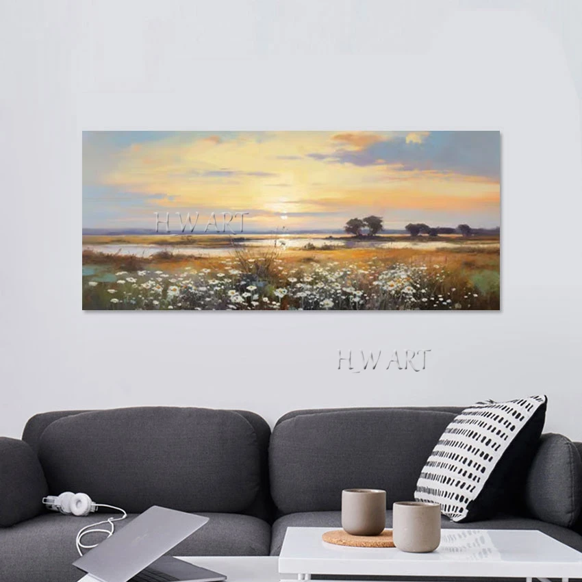 

Lake Landscape Art Abstract Flowers Decor Painting 3d Sun Scenery Picture Wall Canvas Roll Design Artwork Frameless Hot Selling