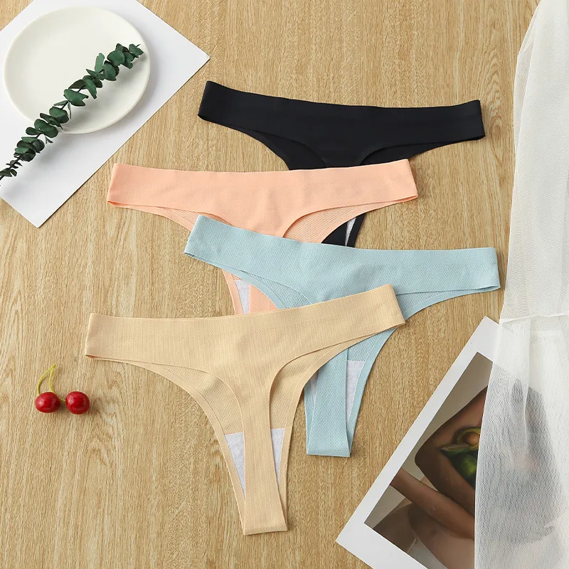 

3PCS Seamless Thong Women Ice Silk T-back Intimate Solid Breathable Crotch Briefs Sexy Tanga Multiple 10 Color Lingerie Thongs