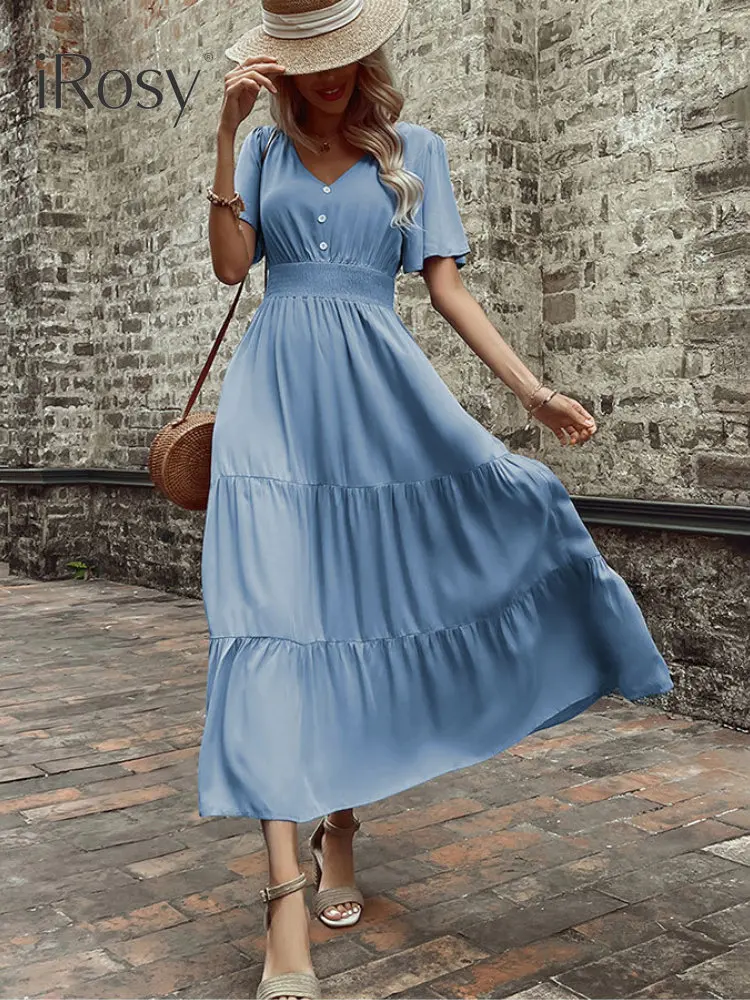 

New In Summer Dresses for Women 2023 Elegant High Shirred Waist Large Swing Long Blue Dress Maxi Viscose Dress Female Clothing
