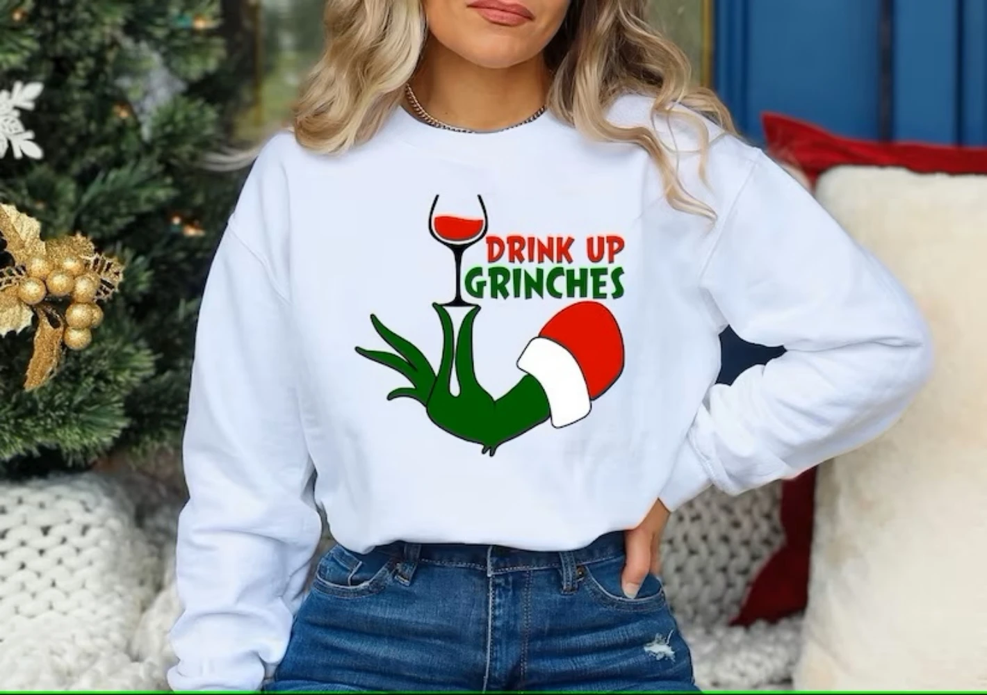 

Christmas Drink Up Grinches Shirt New Year Party Cute T-Shirt Sweater Green Monster Sweatshirt Holiday Drinking Top Winter