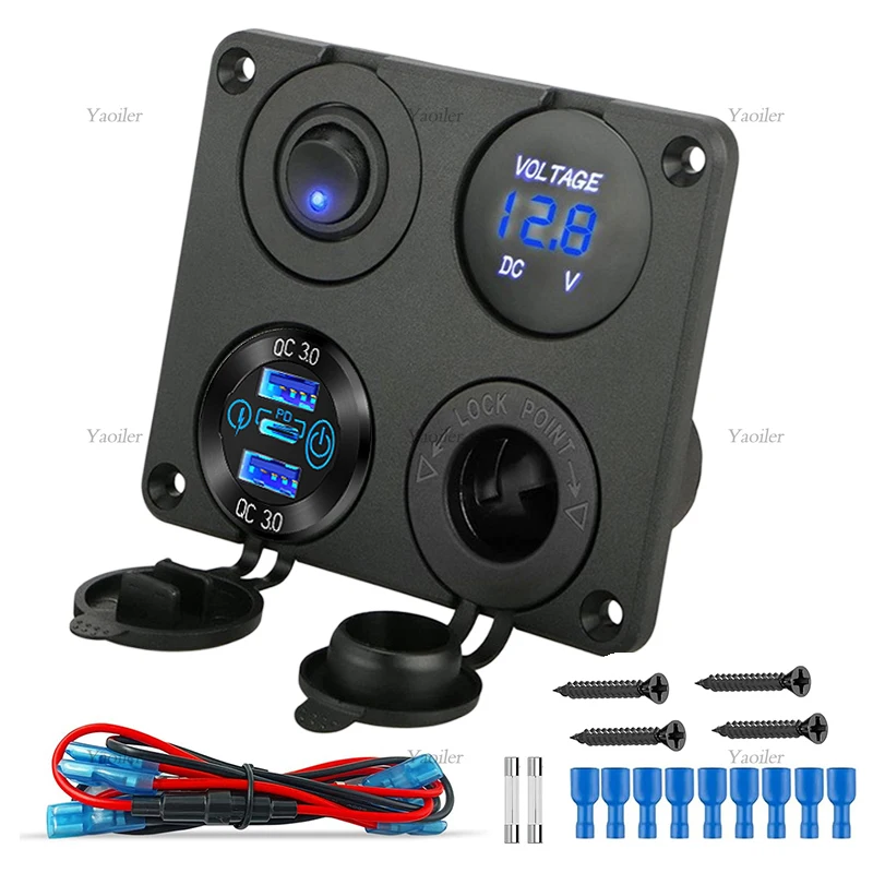 

12V USB C Panel Socket 4 in 1 Dual QC3.0 & PD Car Charger with Rocker Switch Cigarette Lighter for Car Boat Truck ATV New Arrive