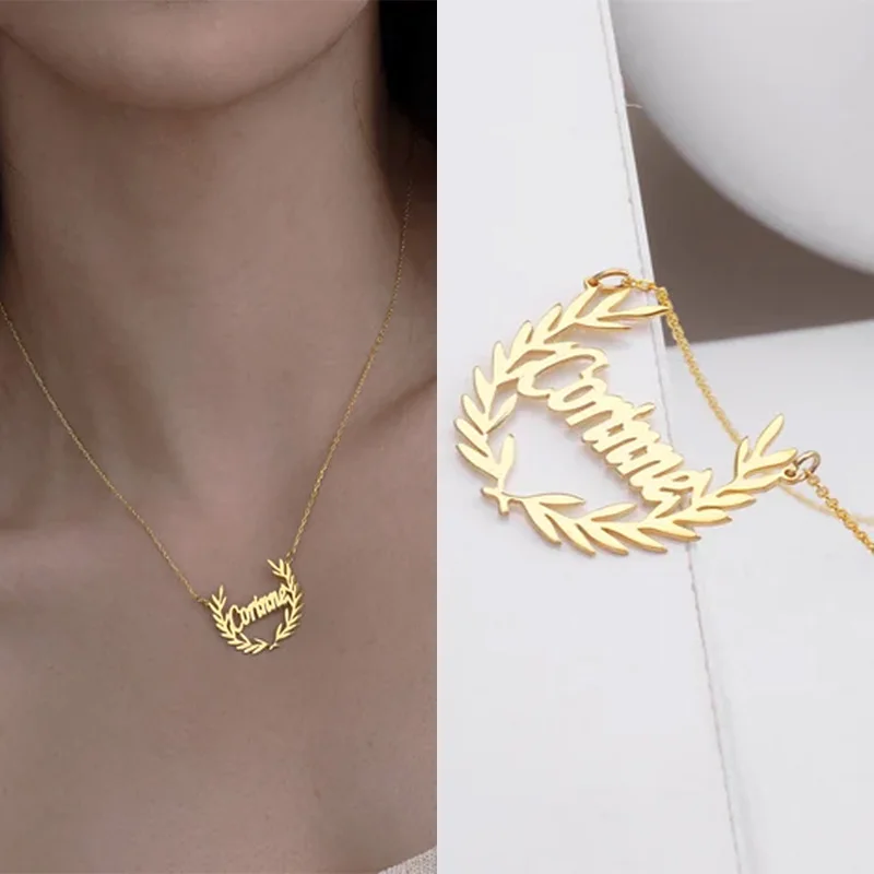

Fashion Personalized Olive Branch Leaf Necklace Gold Color Custom Name Choker Necklace for Women Stainless Steel Chain Jewelry