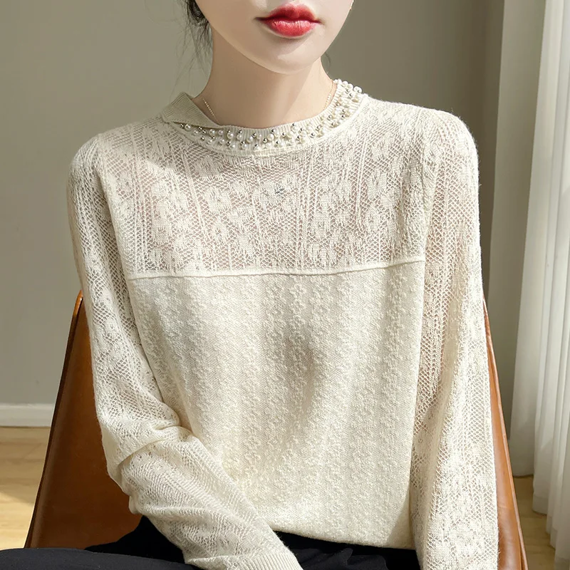 

Spring Summer Stylish Lace Chiffon Shirt Women O-neck Wool Pearl Female Long Sleeve Top Fashion New Knit Pullover Worsted Blouse