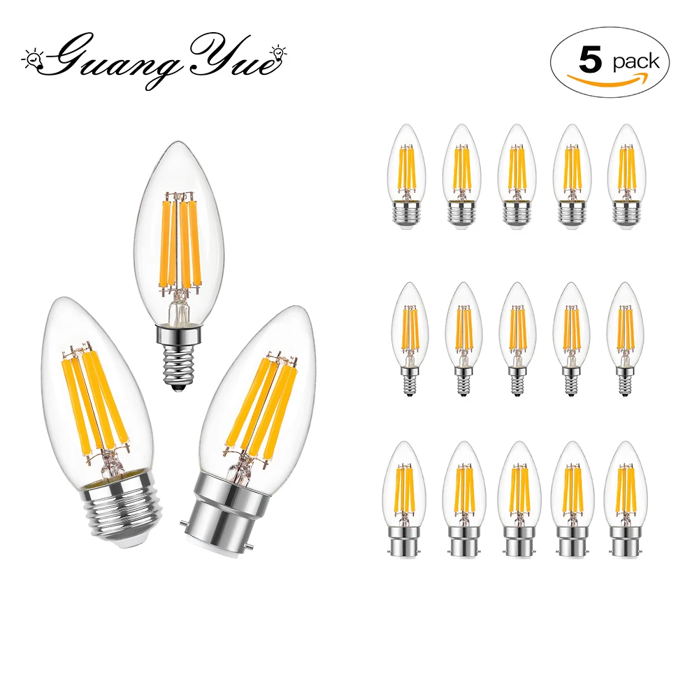 

5Pcs C35 Candle Led Bulb E14 E27 B22 Dimmable 6.5W Warm White 806LM High Lumen Vintage Crystal Chandelier Replace Light Source