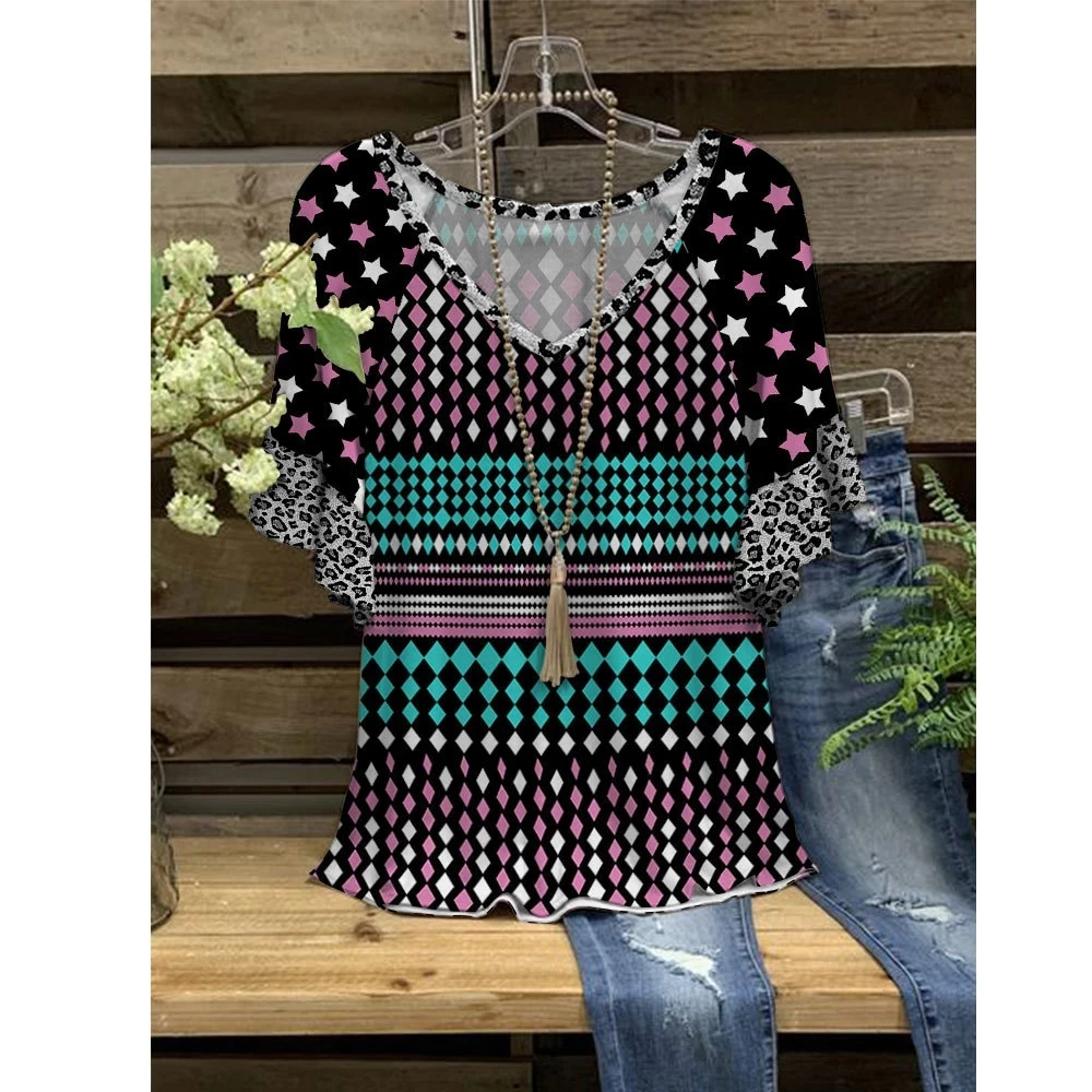 Women Summer Tops 3D T-Shirt Loose Ruffle Ethnic Style Stitching Printing V-Neck Short Sleeve Casual T-Shirt Summer Streetwear
Women Summer Tops 3D T-Shirt Loose Ruffle Ethnic Style Stitching Printing V-Neck Short Sleeve Casual T-Shirt Summer Streetwear