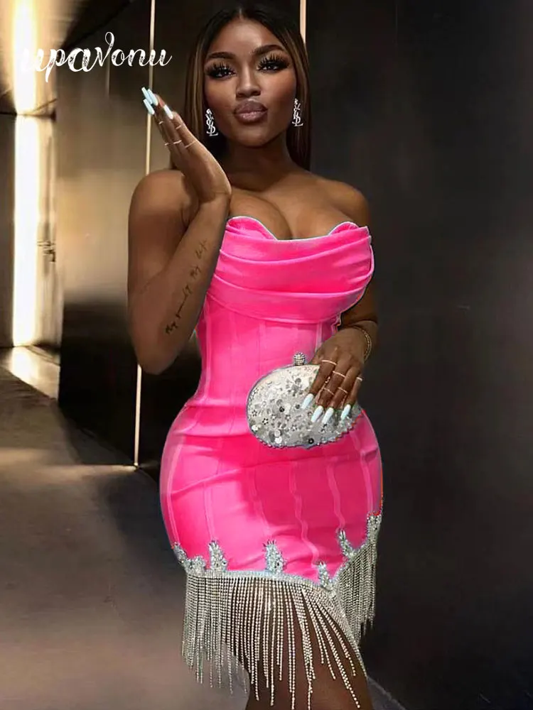 Sexy Tassel with Diamond Bandage Dress Women's Wrapped Chest Sleeveless Bodycon Asymmetric Dress Evening Birthday Party Vesidos
Sexy Tassel with Diamond Bandage Dress Women's Wrapped Chest Sleeveless Bodycon Asymmetric Dress Evening Birthday Party Vesidos