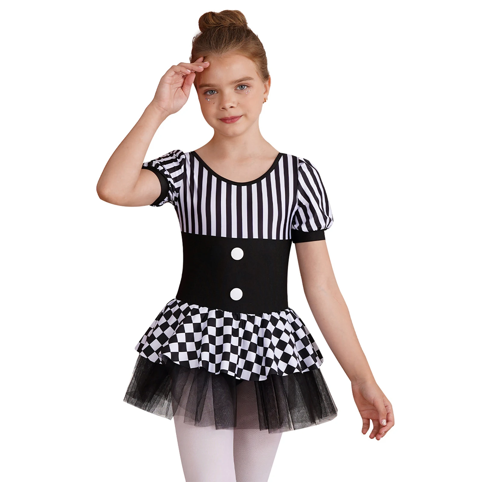 

Black Kids Girls Halloween Circus Clown Costume Short Sleeve Stripes Checkerboard Print Tutu Dress Leotard Dancewear Performance