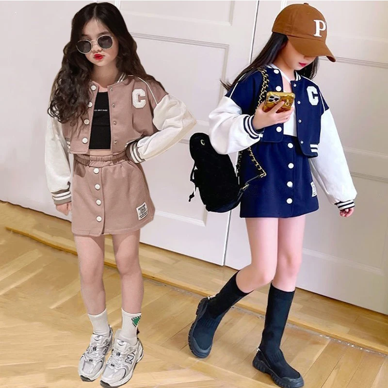 

Baseball Coats + Slim Skirt 2Pcs Suit Spring Autumn 4-14Y Teen Girls Clothing Sets Fashion Letter Printing Outfits Kid Tracksuit