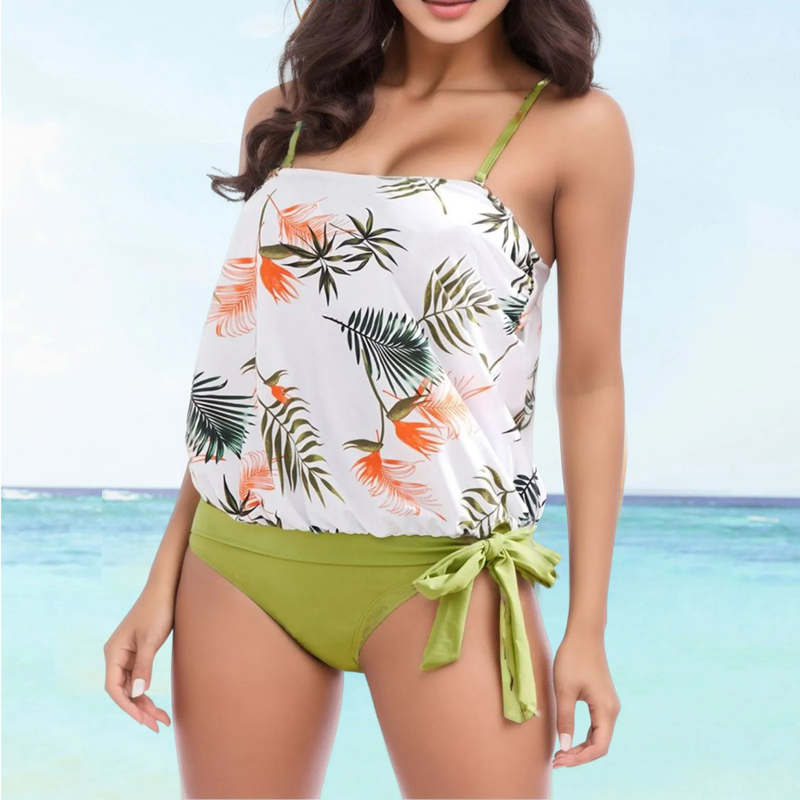 

Women Floral Tankinis Set Two Pieces Swimsuits Strappy Swimwear Sexy Hawaii Beach Bathing Suit Loose High Waist Beachwear Bikini