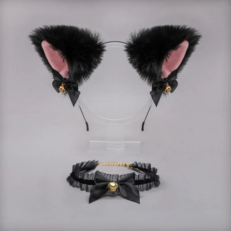 

Women Girls Fox Cat Ears Headband Collar Bracelet Lace Bow Bell Tail Animal Hair Bands Maid Lolita Anime Costume Halloween