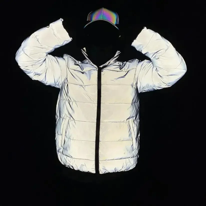 

2023 New Reflective Parka Men Winter Jacket Warm Cotton-Padded Street Hip Hop Women Night Reflect Light Coat Jackets