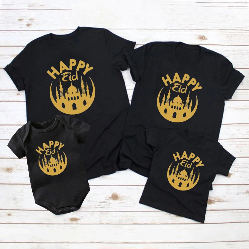 

Happy Eid Mubarak Family Matching Outfits Daddy Mommy and Me Tshirts Baby Rompers Cotton Look Mother and Kids Ramadan Clothes