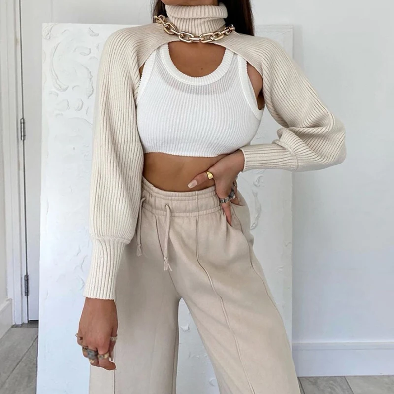 Women High Collar Long Puff Sleeve Ultra-short Sweater Coat Autumn Winter Long Sleeve Loose Knitted Crop Tops Lady Halter Tops
Women High Collar Long Puff Sleeve Ultra-short Sweater Coat Autumn Winter Long Sleeve Loose Knitted Crop Tops Lady Halter Tops