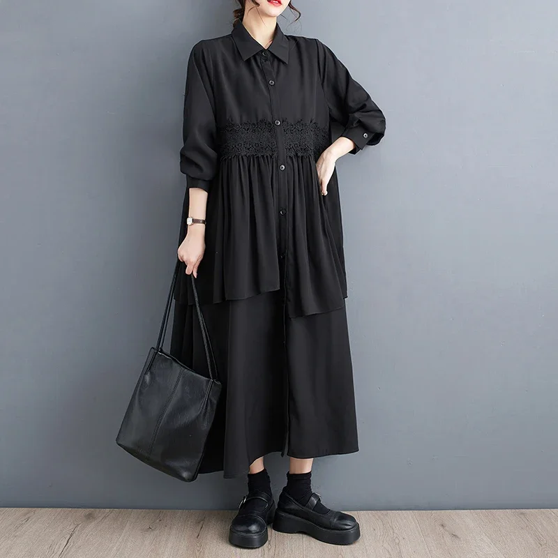 

Женское асимметричное платье-рубашка, Черное Длинное свободное платье-трапеция с длинным рукавом, кружевными оборками и отложным воротником