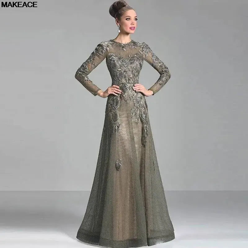 

Brown Appliqued Lace A Line Long Sleeve Mother of the Bride Dresses Jewel Neck Wedding Party Gowns