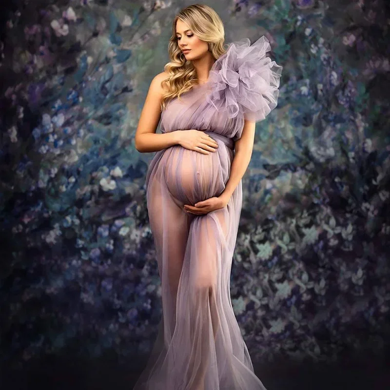 

One Shoulder Maternity Dresses Photoshoot Tulle Sexy Pregnant Women Photography Dress High Split Long See Thru Mesh Ruffles Gown