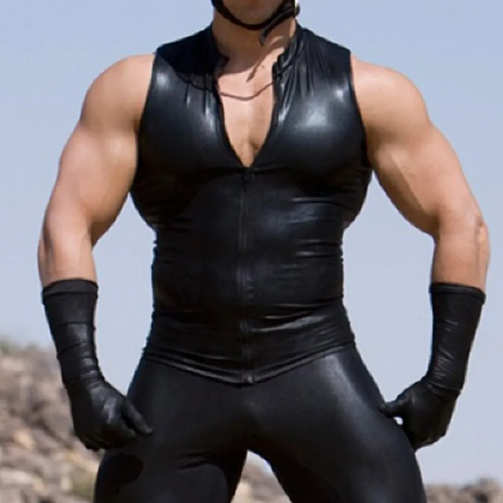 Summer Men Sexy PU Faux Leather Sleeveless Zip T-Shirt Tops Party Club Bar Stage Performance Costume Tee T Shirts For Male
Summer Men Sexy PU Faux Leather Sleeveless Zip T-Shirt Tops Party Club Bar Stage Performance Costume Tee T Shirts For Male