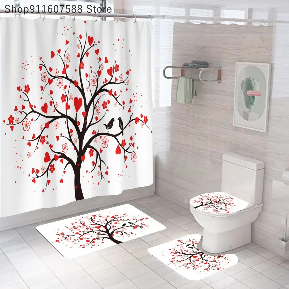 

Fashion Love Tree Shower Curtains for Bathroom Polyester Valentine's Day Printing Curtain Non-Slip Rugs Mat 4pcs Set 180x180cm
