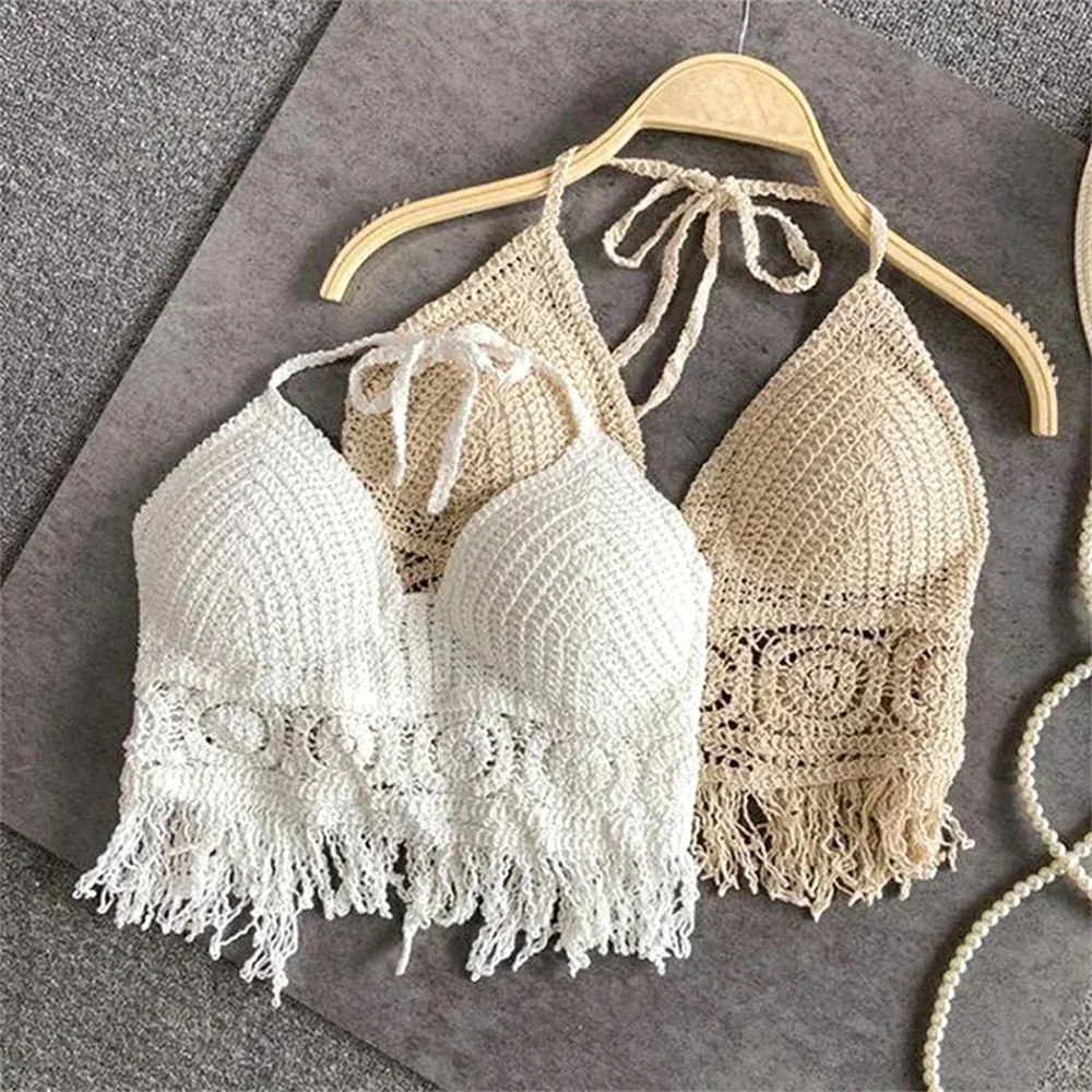 

Sexy Knit Backless Short Crop Top for Women Lightweight Hollow Out Crochet Tassels Hem Halter Bras Bustier with Chest Pads