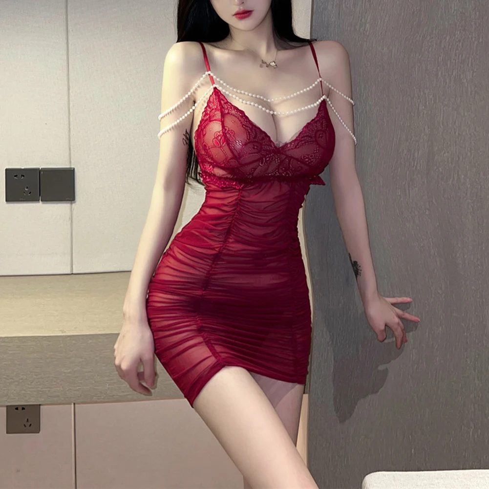 Women Sexy Suspenders Backless Dress Nightwear Skinny Slim Hip Bodycon Dress Mesh Lace Pearl Chain Bodycon Hot Lingerie
Women Sexy Suspenders Backless Dress Nightwear Skinny Slim Hip Bodycon Dress Mesh Lace Pearl Chain Bodycon Hot Lingerie