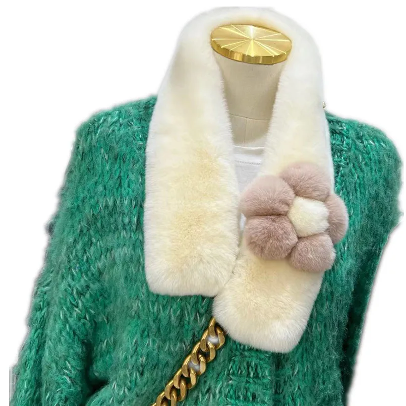

Winter Women's Floral Knitted Scarf Natural Rex Rabbit Fur Muffler Soft Collar Fluffy Fur Neck Warmer