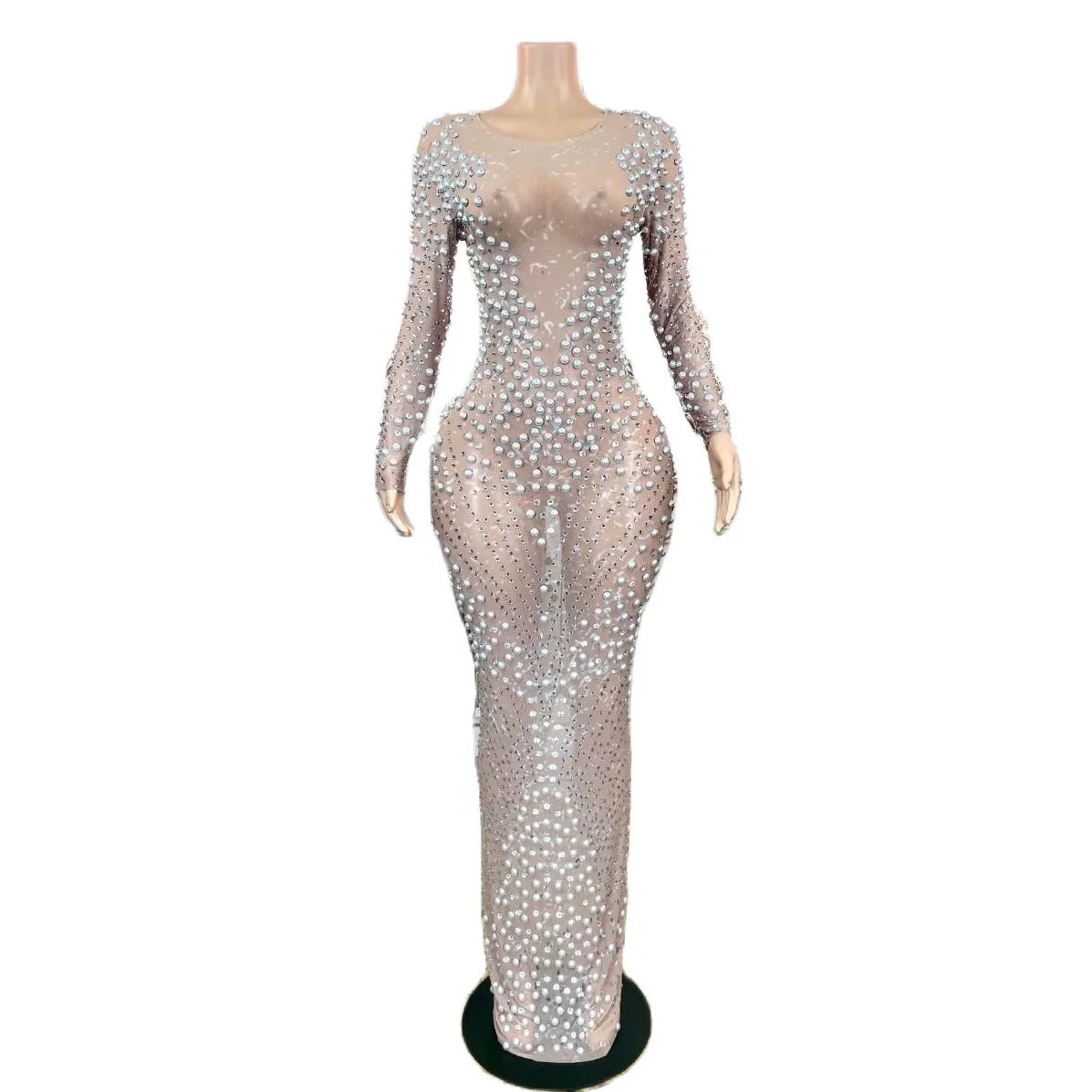 

Nude Gauze Shining Pearls Rhinestones Sexy Long Sleeves Dress For Women Evening Celebrity Clothing Stage Ballroom Costume