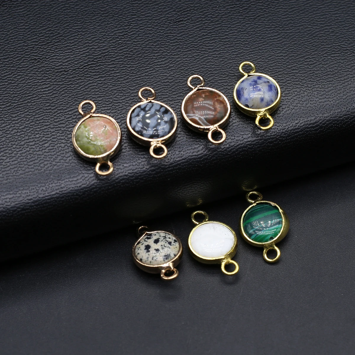 

15PCS Natural Semiprecious Stone Random Color Circular Gold Edge Connector Pendant Jewelry Making DIY Necklace Earring