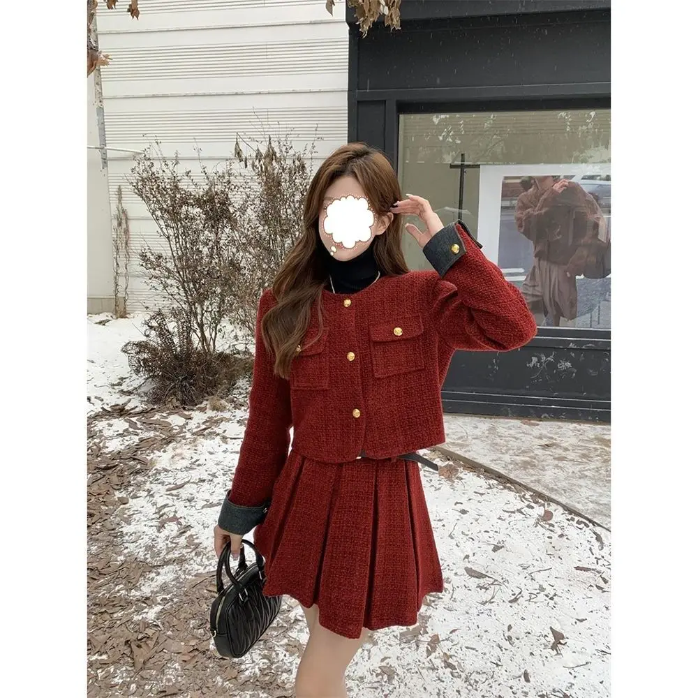 

Rich Heiress Red Petite Fragrance Short Jacket 2024 Autumn Winter New High Waist Pleated Skirt Petite Noblewoman Matching Set