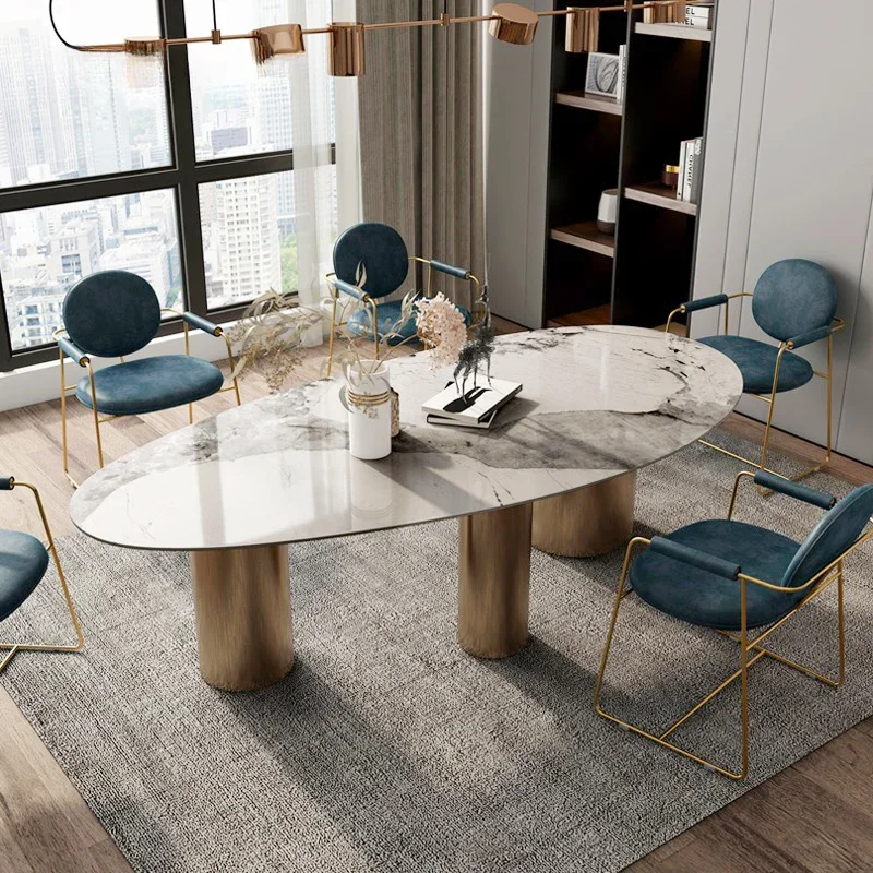

Italian Bright Oval Slate Dining Table Chair Combination Large Family Modern Minimalist Luxury Villa Mesa Comedor Furniture WK