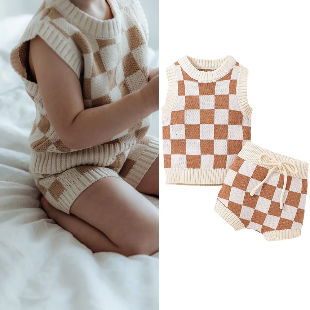 

Newborn Baby Boys Girls Two Pieces Clothes Outfits O-neck Sleeveless Checkerboard Printed Knitted Swater Vest + Tie-Up Shorts