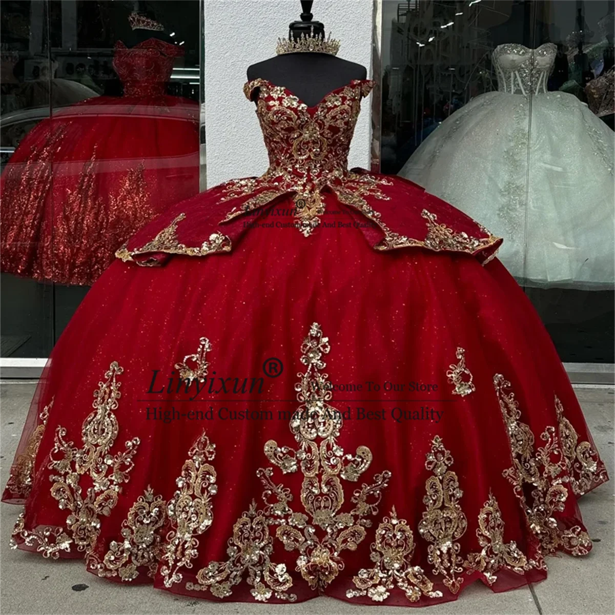 

Luxury Shiny Red Off The Shoulder Quinceanera Dress 2024 Ball Gown Gold Applique Lace Tull Prom Pageant Dress vestidos de 15