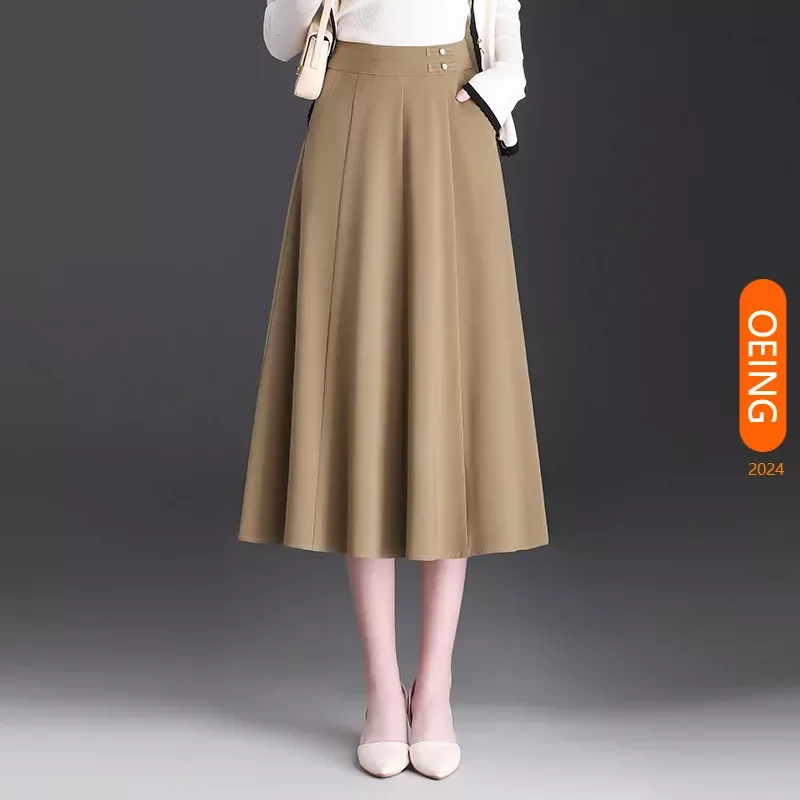 

Women Chic High Waist Spliced A-line Big Swing Long Khaki Black Skirt 2024 Spring Elegant Loose Casual Office Lady M-4XL 2913