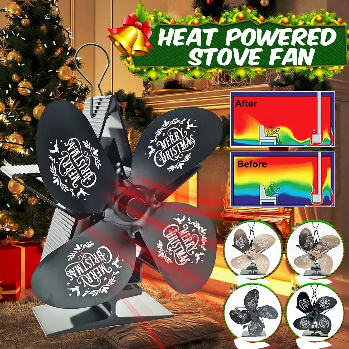 

Christmas Stove Fan 4 Blades Heat Powered Home Quiet Fireplace Fan Log Wood Burner High Efficient Heat Distribution